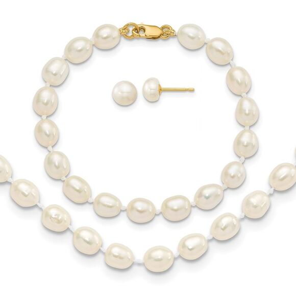14k Yellow Gold 5-6mm FW Cultured Pearl 5in Bracelet 14in Necklace Earring Set